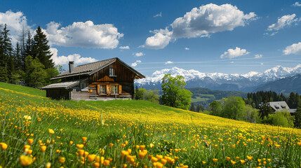 Fototapeta premium Wooden remote house in a beautiful landscape full of yellow flowers, Generative AI.
