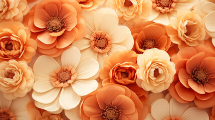 A close-up view of vibrant orange and white flowers in full bloom. The delicate petals exhibit intricate patterns, while the blossoms reveal their unique structures. A floral print design