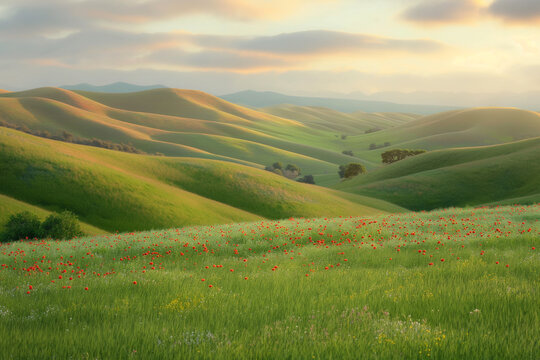 Beautiful Tuscany landscape with field of flowers
