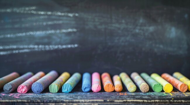 An array of multicolored chalks arranged on a blackboard, offering a creative backdrop with copyspace for Teacher's Day.