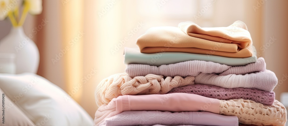 Poster neatly folded sweaters of various colors stacked on a bed, creating a cozy and organized display