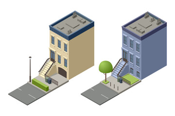 Isometric New York Old Manhattan Houses. Brooklyn Apartment. Old Abstract Building and Facade. Facades of Retro Houses, New York Streets or Old Brooklyn.