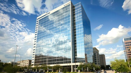 Fototapeta premium photo from under office buildings, glass windows of buildings on a city street