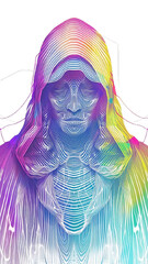 dmt fractal zentalgle colorful moire pattern, spiritual hacker, with a hood, fine line drawing, line art, white background - obrazy, fototapety, plakaty