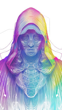 dmt fractal zentalgle colorful moire pattern, spiritual hacker, with a hood, fine line drawing, line art, white background