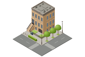 Naklejka premium Isometric New York Old Manhattan Houses. Brooklyn Apartment. Old Abstract Building and Facade. Facades of Retro Houses, New York Streets or Old Brooklyn.