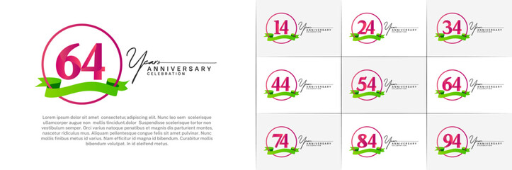 Set of Anniversary Logotype purple color with ring and green ribbon can be use for special day celebration