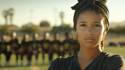 A confident black coach leading a team practice on sports field, promoting teamwork and dedication