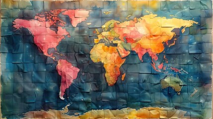 Watercolor palette with paintbrushes and world map on white background