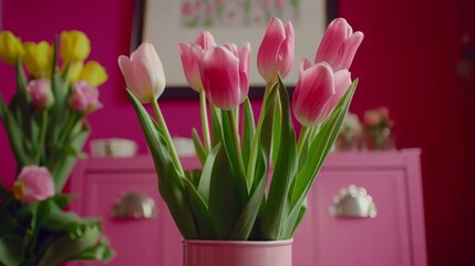 a vase filled with pink tulips next to a vase filled with yellow, pink and yellow tulips.