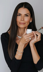 A beautiful woman with long straight hair, dressed in black and with an elegant makeup brush in her hand, applies face cream to the front of one cheek