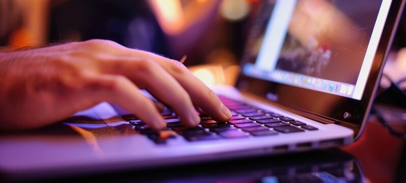 Hands typing on laptop keyboard. social distancing working from home
