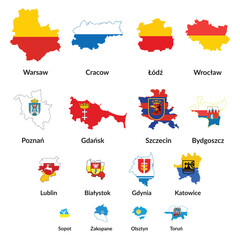 Poland towns in order, from biggest to smallest town. Most populated towns in poland. With flags of specific town, city, outline, - obrazy, fototapety, plakaty