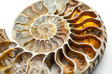 Close up of ammonite, extinct spiral shelled cephalopods, fossil on white background, macro