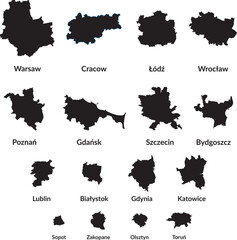 Poland towns in order, from biggest to smallest town. Most populated towns in poland. Black and white - obrazy, fototapety, plakaty