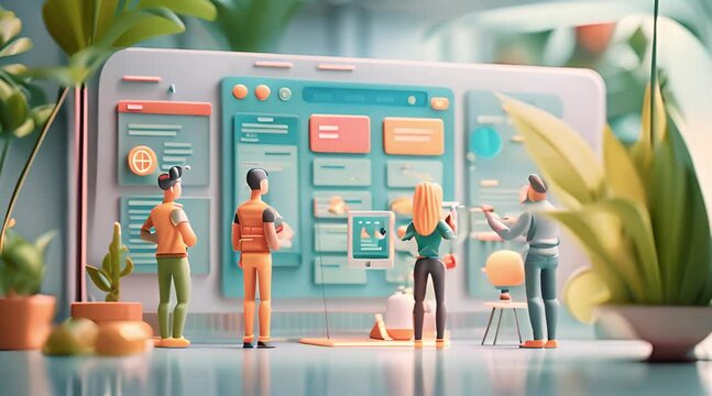 Iterative Development: Developers Enhancing a Mobile App Based on User Feedback and Market Trends, Illustrated in 3D Cartoon Animation