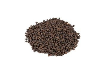 Bunch of peas of black aromatic pepper on white background.