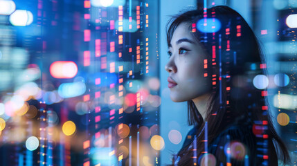 woman analyst blurred city scape overlay of business, financial charts and graphs, cyber security Data capture