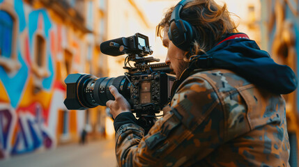 A man is holding a camera and filming a scene