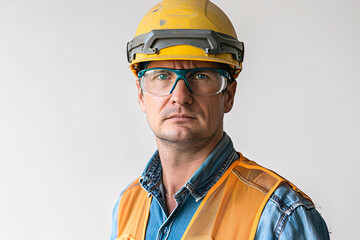 Man with yellow helmet and safety glasses. He wears a safety vest and has a serious look.