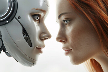 A robot and a woman are facing each other. The robot has a metallic face and the woman has red hair.