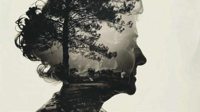 Silhouette of elderly woman with overlay of childhood memories, Alzheimer's concept, diversity in aging, dementia