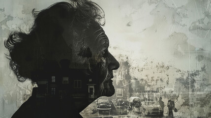 Silhouette of elderly woman with overlay of childhood memories, Alzheimer's concept, diversity in aging, dementia