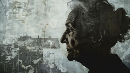 Silhouette Old woman planes, houses trees exposure concept, dementia memory loss, Alzheimer's 