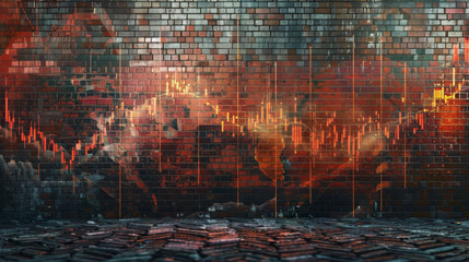 Old brick wall overlay financial profit and loss graphs graffiti style. Concept, business, recovery, recession, world, finance, international banking, Space for text