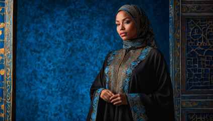 The contrast of the deep blue background with the black robe of the Muslim woman creates a striking image and captures the beauty and diversity of Islamic culture.