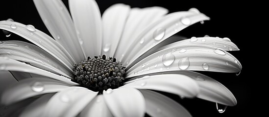 Close-up monochrome image of a flower with water droplets on it, highlighting the delicate details and beauty