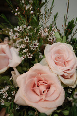 blossoming flower bouquet of roses and greens with a white backround