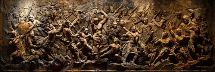 An ancient wall carving texture, depicting the epic tales of heroes and villains from the First, with intricate details and shadowed reliefs created with Generative AI Technology - obrazy, fototapety, plakaty