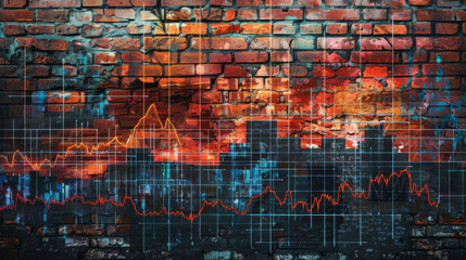 Old brick wall overlay financial profit and loss graphs graffiti style. Concept, business, recovery, recession, world, finance, international banking, Space for text