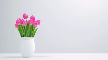 a white vase filled with pink tulips on top of a white table with a white wall in the background.