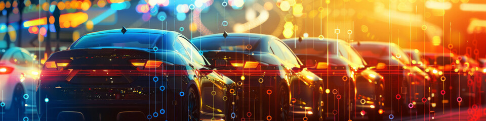 Obraz premium Banner, Cars in rows sunset, overlay of graph and numbers: urban rush-hour, congestion, car fumes