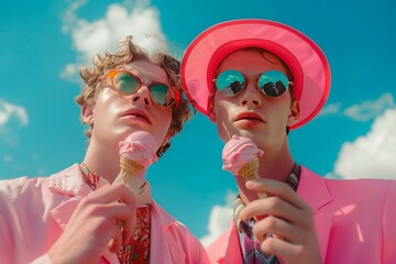 a couple of excentric caucasian men wearing neon vivid colors and sunglasses, are enjoying ice cream under the blue summer sky