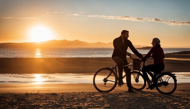 Couple enjoying a bicycle ride along the beach at sunset, casting long shadows on the sand with a scenic ocean backdrop