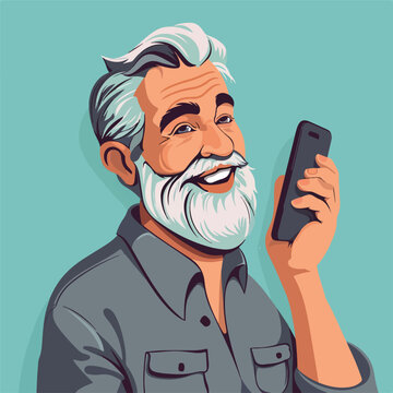 Smiling mature man with gray hair and beard talking