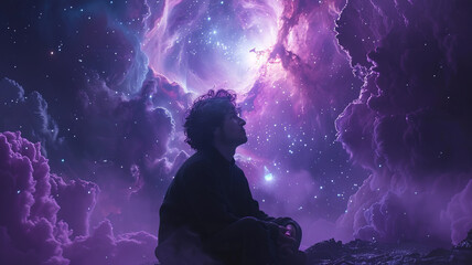 man sitting in lotus position, soul in the shape of a glowing crystal, space background, high quality image,generative ai - obrazy, fototapety, plakaty