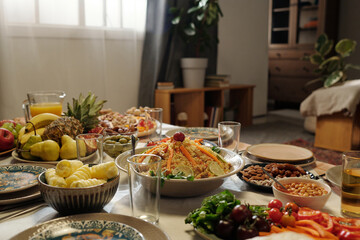 Festive Table With Pilaf And Other Dishes On Uraza Bayram