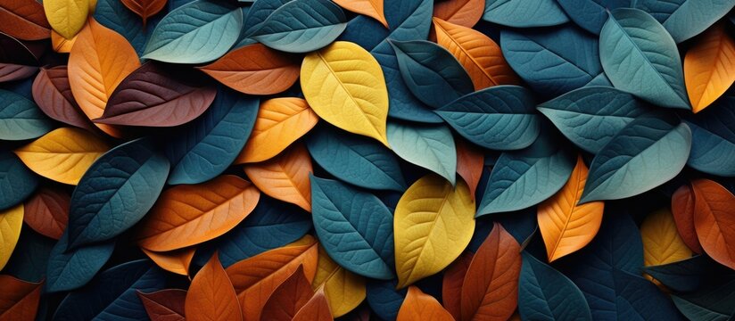 Close-up image showing a variety of leaves with different colors including green, yellow, red, and brown