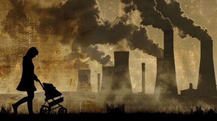 silhouette woman, pushing pushchair with baby, chimneys dark polluting toxic smoke. Air quality for children pollution, factory admissions environment, Space for text 