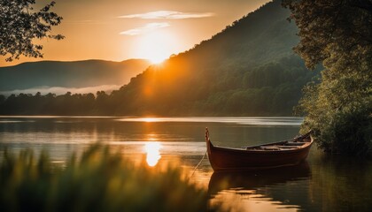 A tranquil scene of a canoe moored by a calm lake, with the setting sun casting a golden glow over the water and misty mountains. - obrazy, fototapety, plakaty