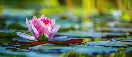 Vibrant waterlily flower perched on lily pad in a pond