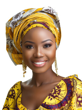 a portrait photo of beautiful smiling nigerian woman in a gele and buba and iro, cutout, png isolated transparent background