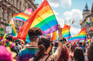 A group of people waving rainbow flags at the city's pride parade, celebrating and spreading love in an open square with historical buildings Generative AI - obrazy, fototapety, plakaty