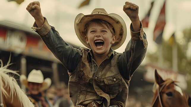 Naklejki Young cowboy kid riding horse at rodeo event, wearing cowboy hat, posing with hand raised. Funny creative kids in uniform concept Halloween festive season greeting card commercial background