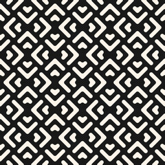 Black and white vector geometric seamless pattern with smooth lines, arrows, triangles, grid, lattice. Modern abstract graphic ornament. Simple minimal background texture. Funky repeated geo design