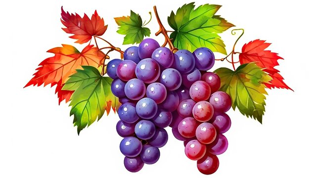 Watercolour, Isolated bunch of fresh, ripe grapes on a white background